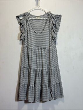 Max Studio Black and White Striped Tiered Midi Dress with Tie Shoulder Ruffles